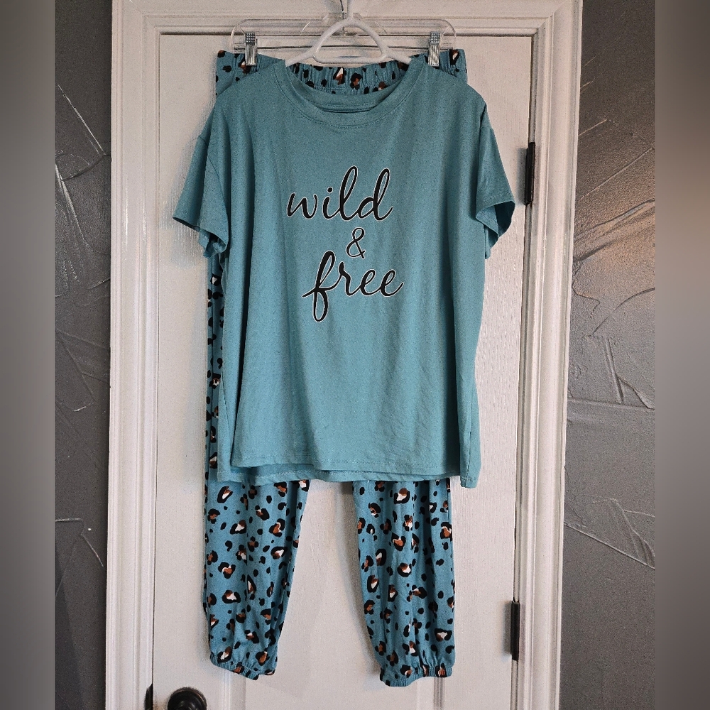Joyspun Wild & Free Women's Lightweight Pajama Set Aqua Leopard Print Size Large